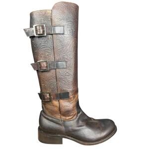J.B. Dillon Women’s Etching Floral Brown Leather Riding Boots Size US 9 B